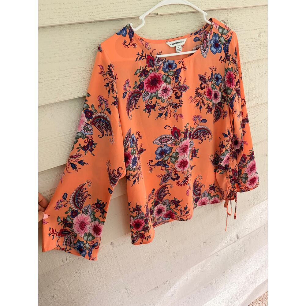 Counterparts Floral Ruched Long Sleeve Blouse Peach Pink Medium - Picture 3 of 8